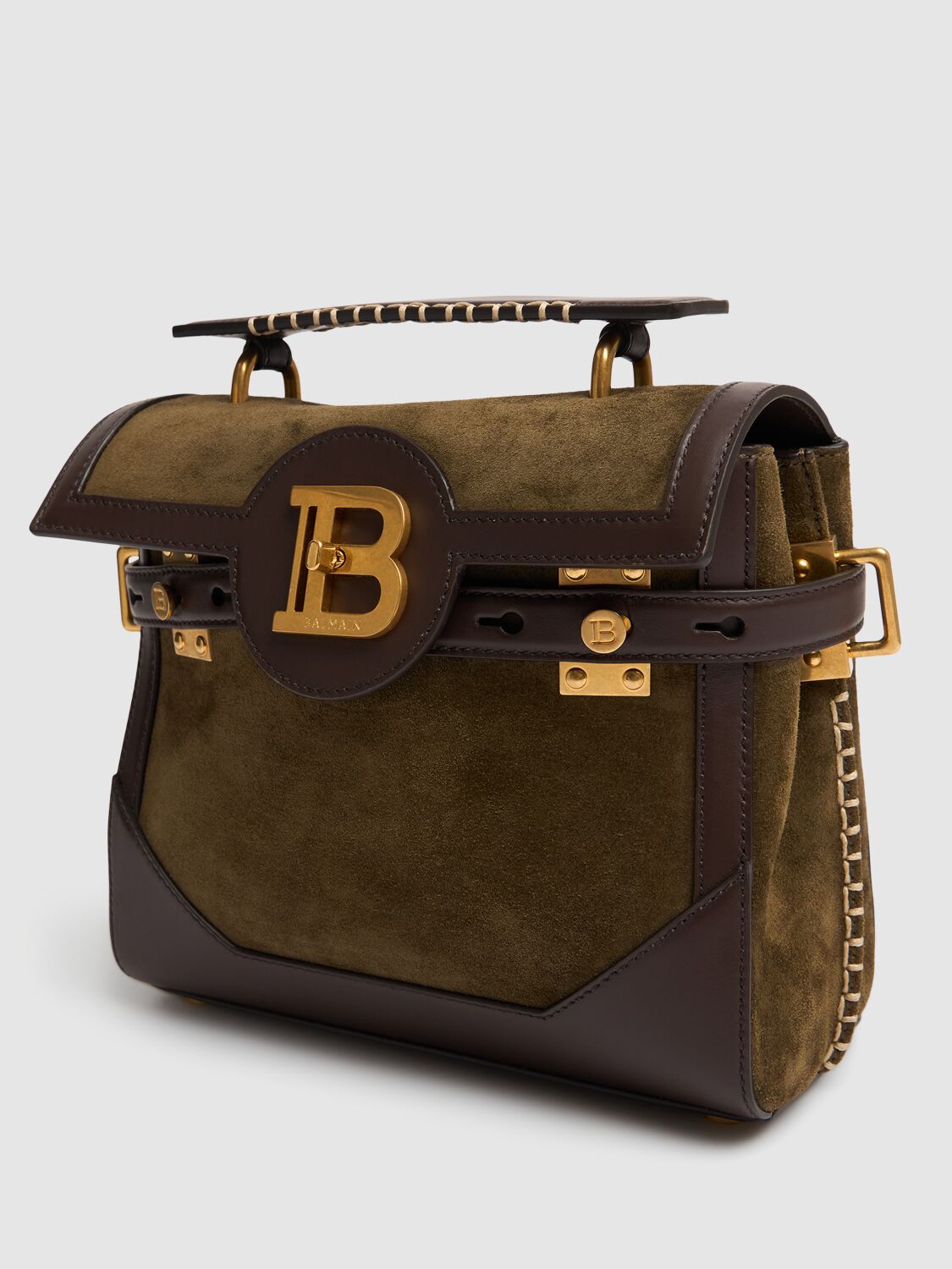 Shop Balmain B-buzz 23 Suede & Leather Top Handle Bag In Kaki/chocolate