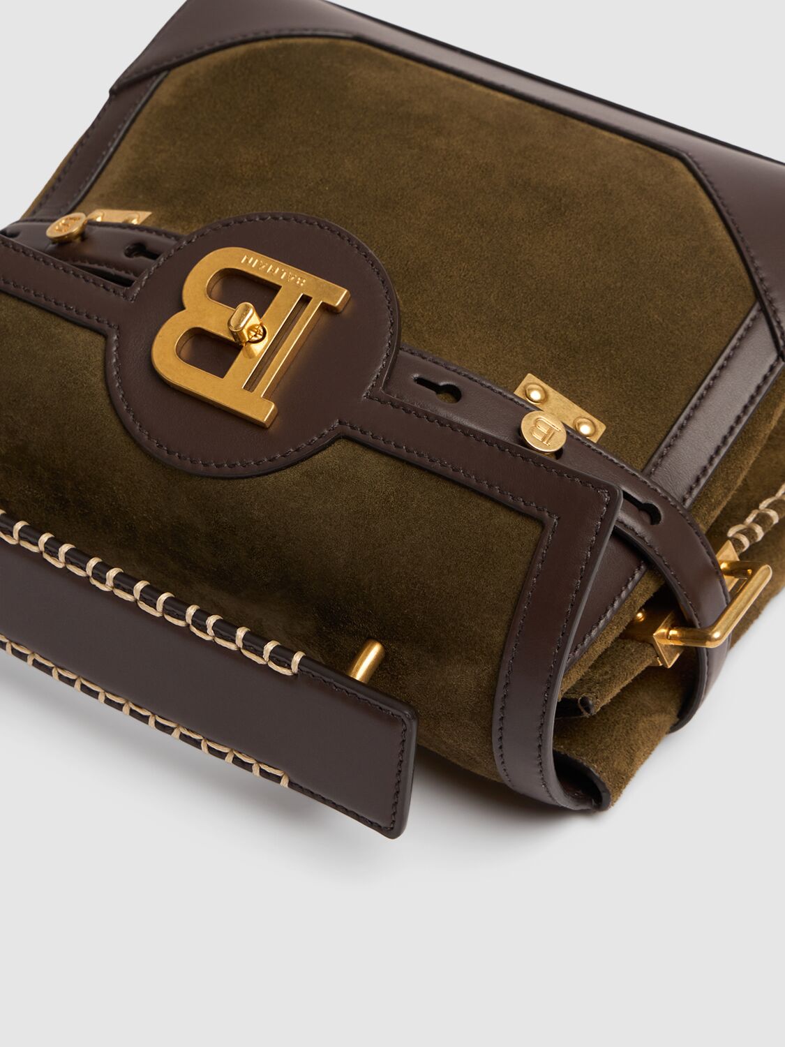 Shop Balmain B-buzz 23 Suede & Leather Top Handle Bag In Kaki/chocolate