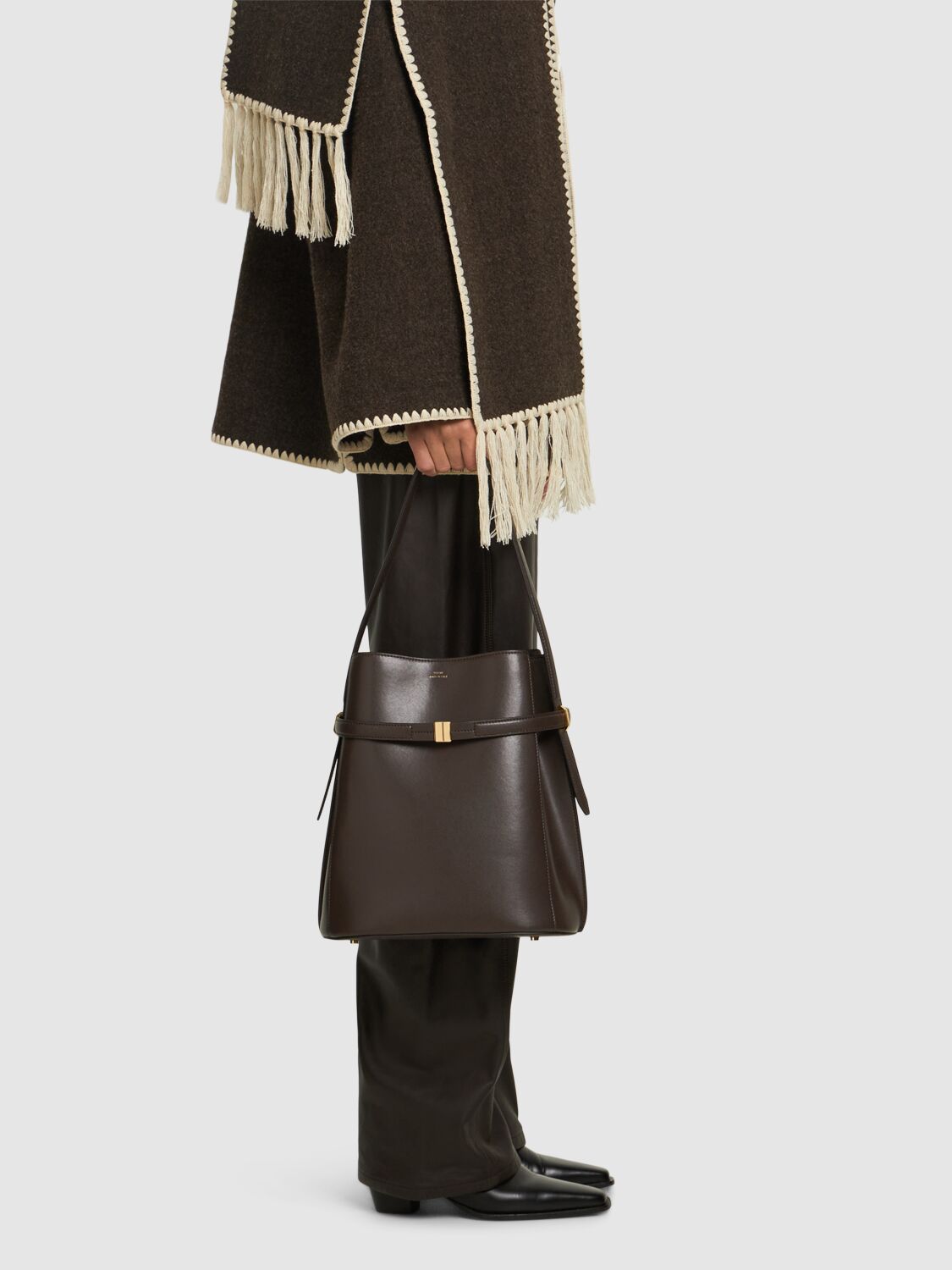 Shop Totême Belted Nappa Leather Bucket Bag In Bark