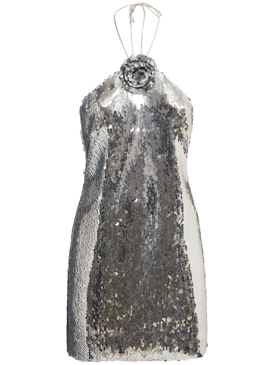 Shop Magda Butrym Sequined Halter Neck Mini Dress W/ Rose In Silver