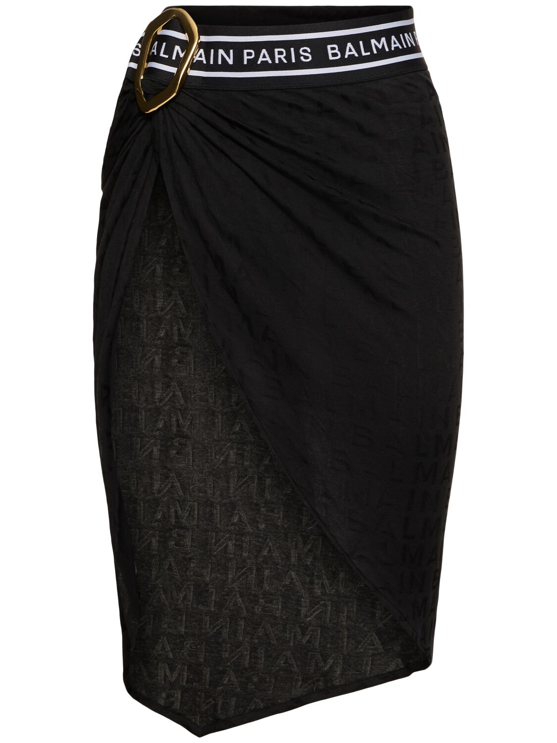 Balmain Striped Jacquard Midi Sarong W/ Belt In Black