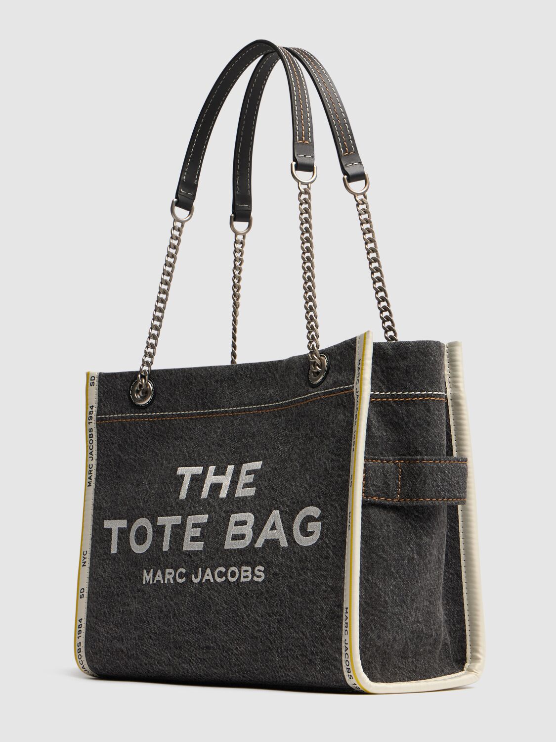 Shop Marc Jacobs The Medium Tote Denim Chain Bag In Black