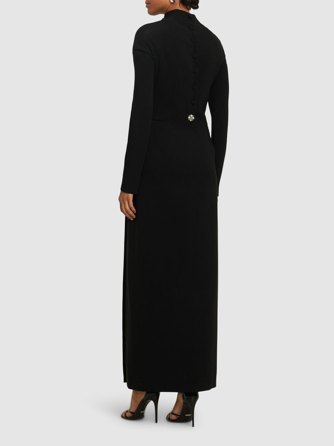 Shop Versace Draped Viscose Blend Cady Long Dress In Black