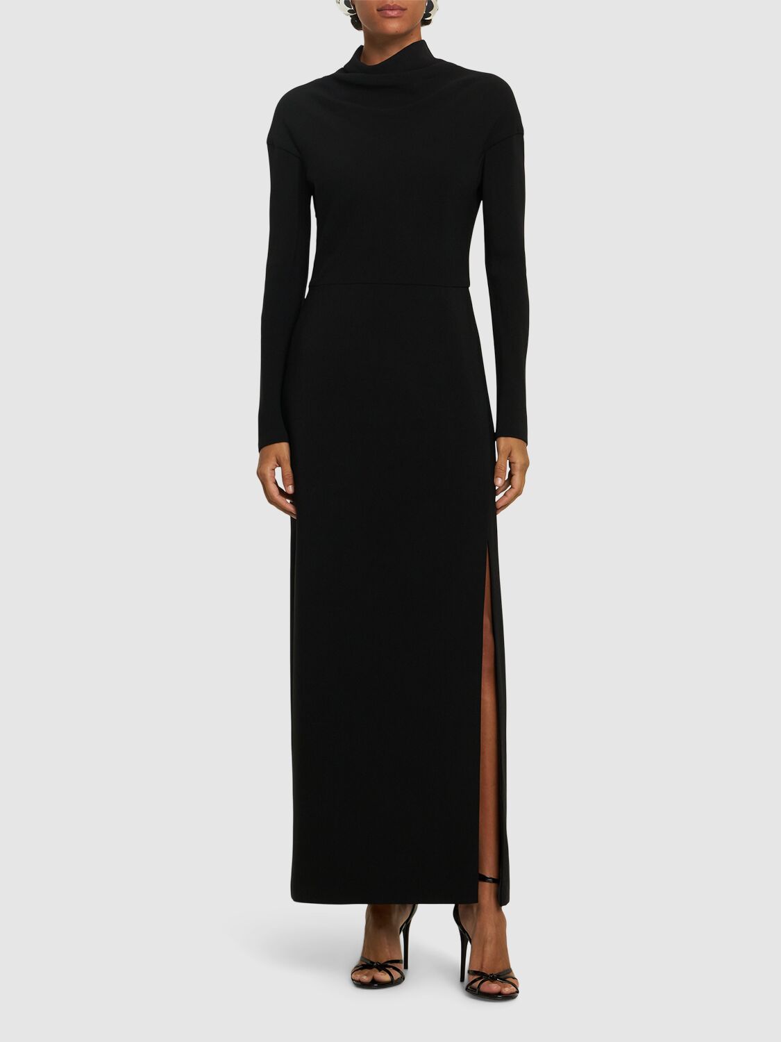 Shop Versace Draped Viscose Blend Cady Long Dress In Black