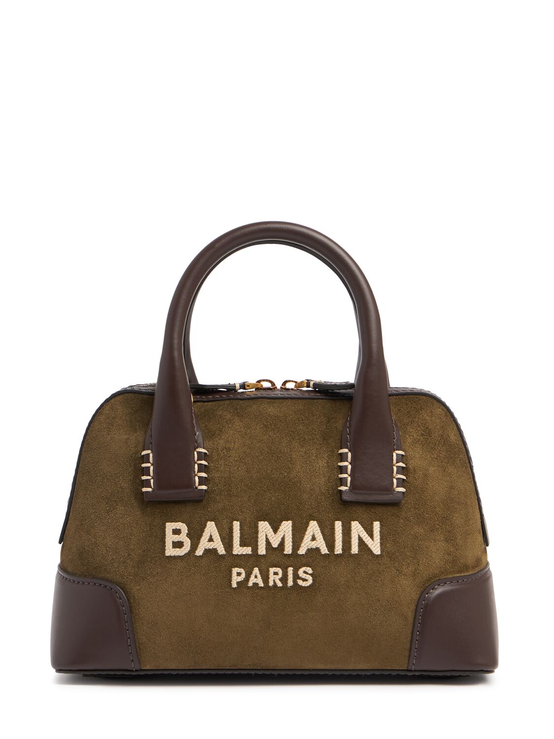 Balmain B-army Dome Suede Top Handle Bag In Kaki/chocolate