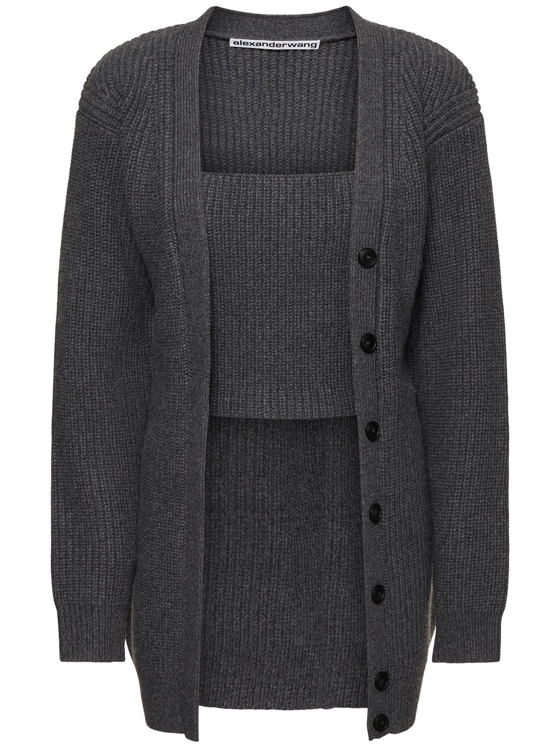 Shop Alexander Wang Ribbed Bi-layer V Neck Cardigan In Grey