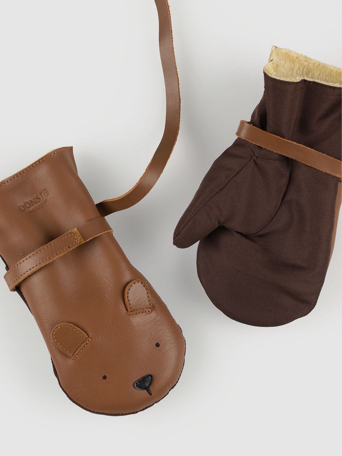 Shop Donsje Teddy Leather Mittens In Brown