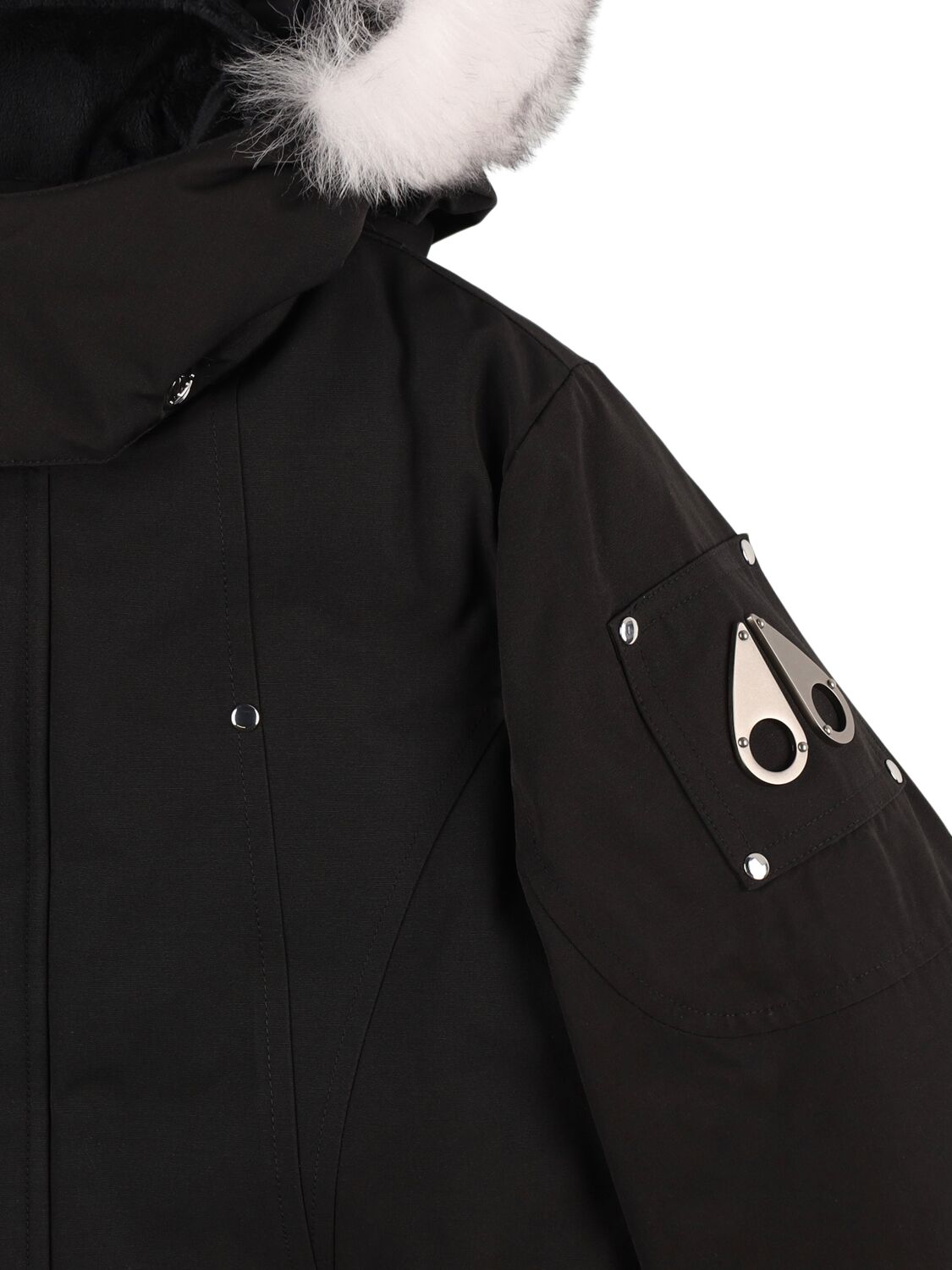 Shop Moose Knuckles Hooded Poly Blend Down Parka In Black/white