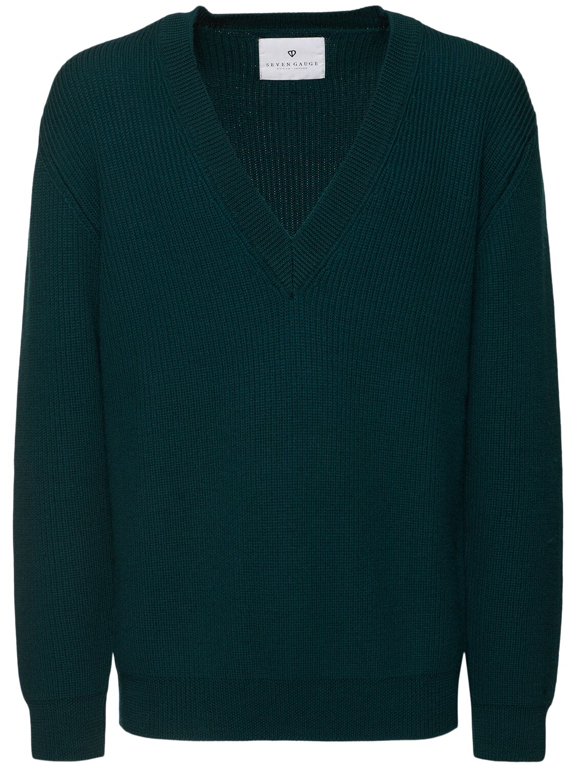 Seven Gauge English Rib Wool Knit V-neck Sweater In Green