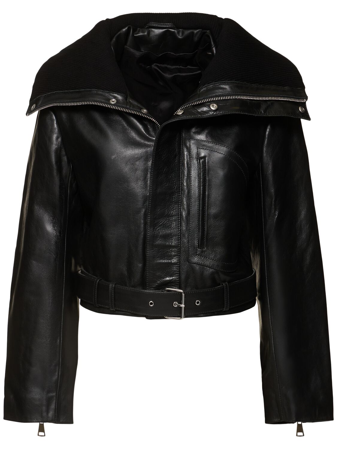 Shop Victoria Beckham Cropped Leather Biker Jacket In Black