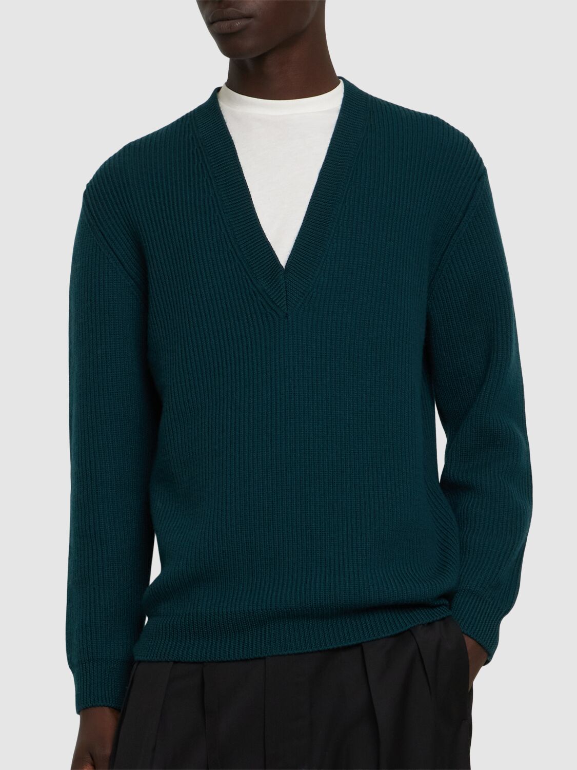 Shop Seven Gauge English Rib Wool Knit V-neck Sweater In Verdone