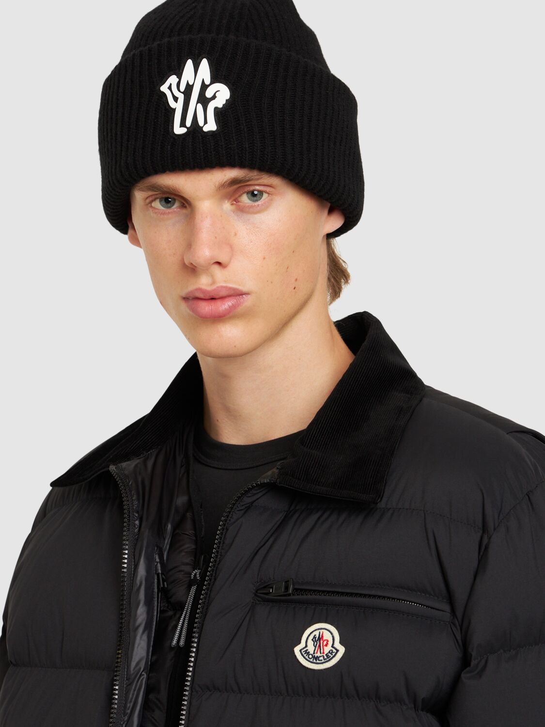 Shop Moncler Monogram Virgin Wool Beanie In Black