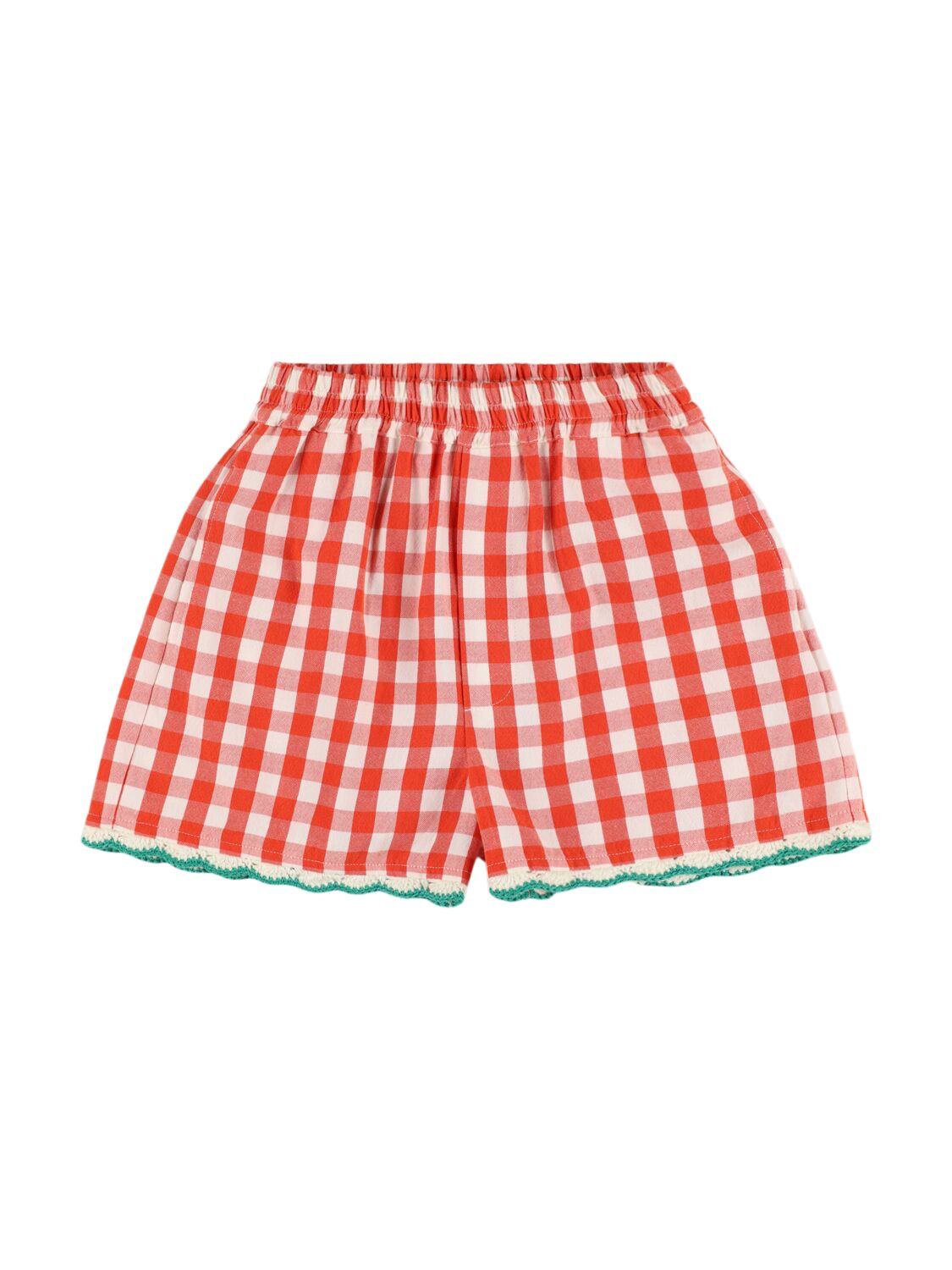 Stella Mccartney Check Print Cotton Crochet Shorts In White/red