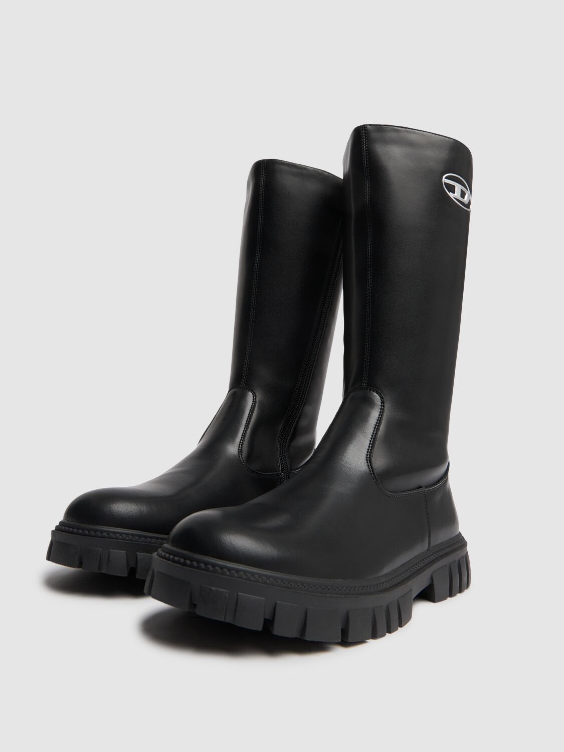 Shop Diesel Leather & Rubber Logo Boots In Dark Blue