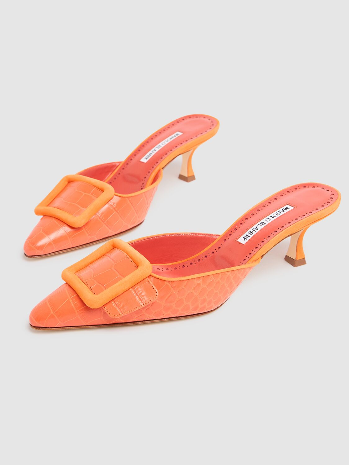 Shop Manolo Blahnik 50mm Maysalebi Croc Embossed Mules In Orange