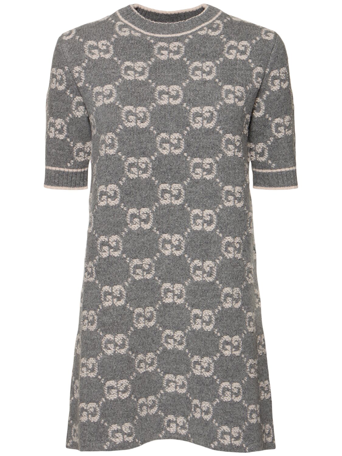 Shop Gucci Gg Wool Bouclé Jacquard Dress In Grey/ivory