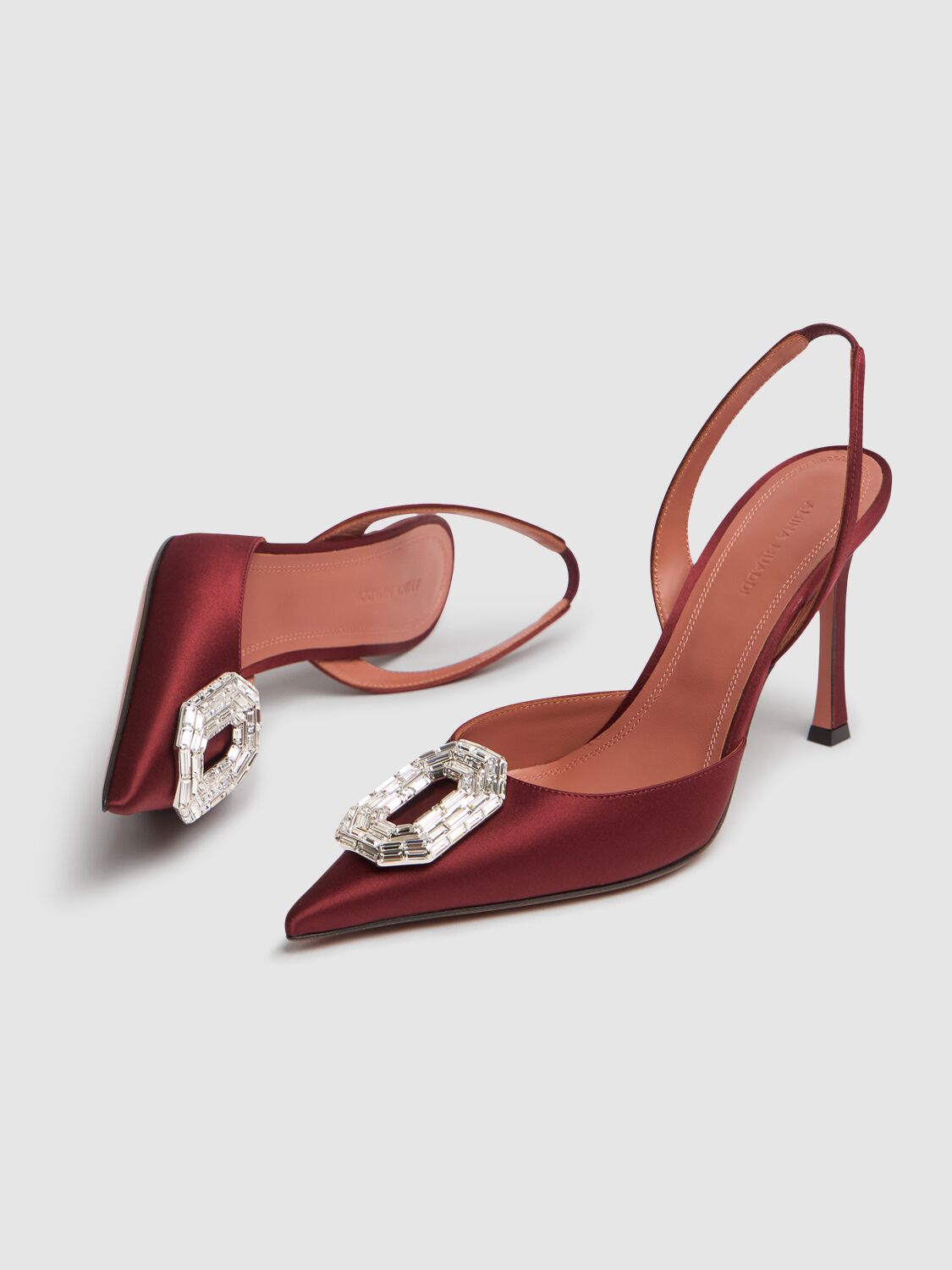 Shop Amina Muaddi 90mm Camelia Satin Slingbacks In Bordeaux