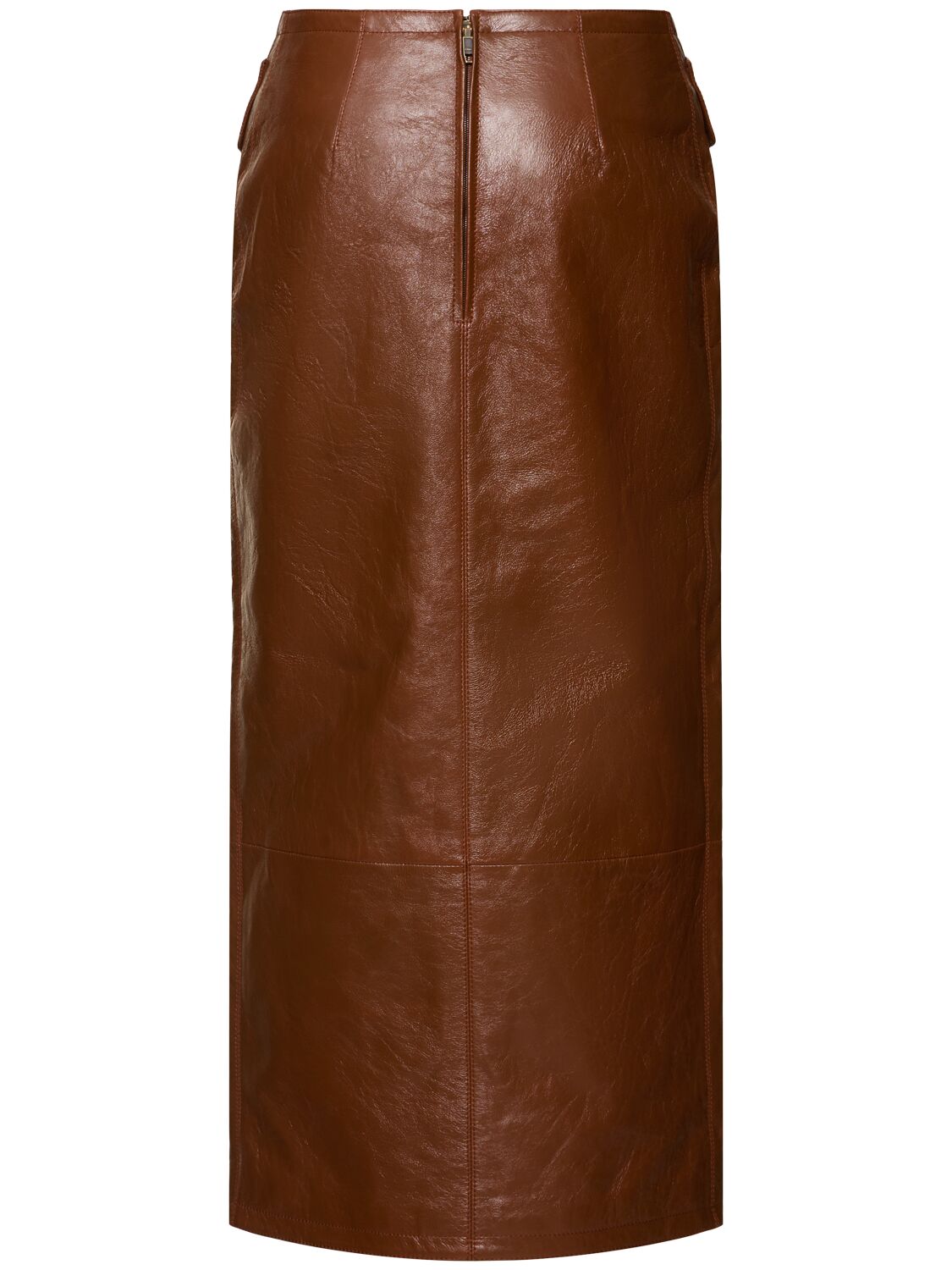 Shop Chloé Glossy Leather Midi Skirt In Brown