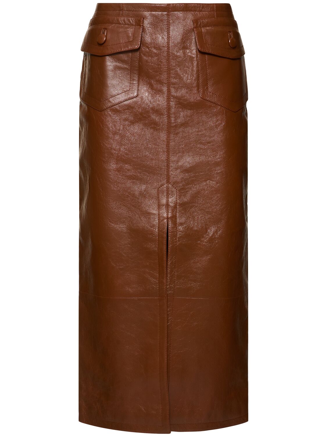 Shop Chloé Glossy Leather Midi Skirt In Brown