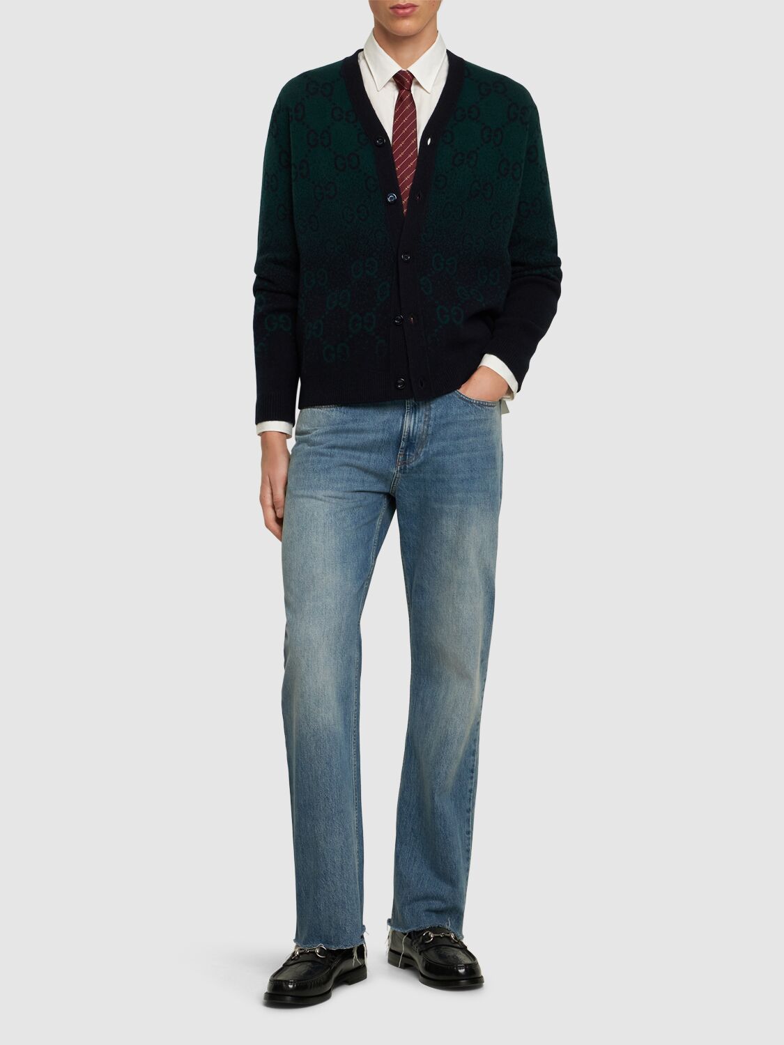 Shop Gucci Gg Intarsia Wool Cardigan In Green/navy