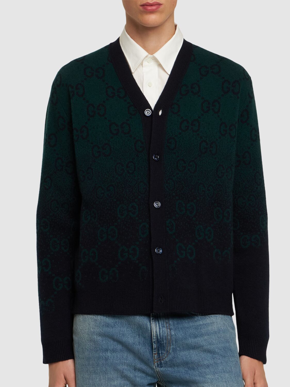 Shop Gucci Gg Intarsia Wool Cardigan In Green/navy