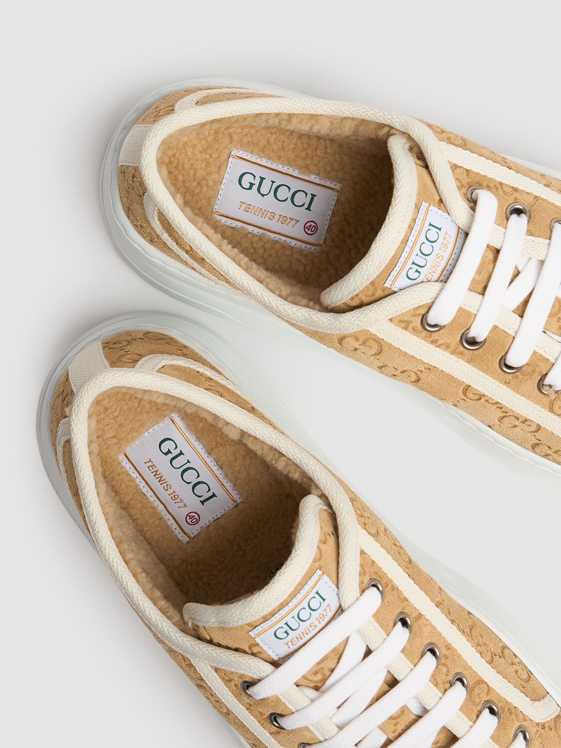 Shop Gucci 53mm  Tennis 1977 Suede Sneakers In Butter