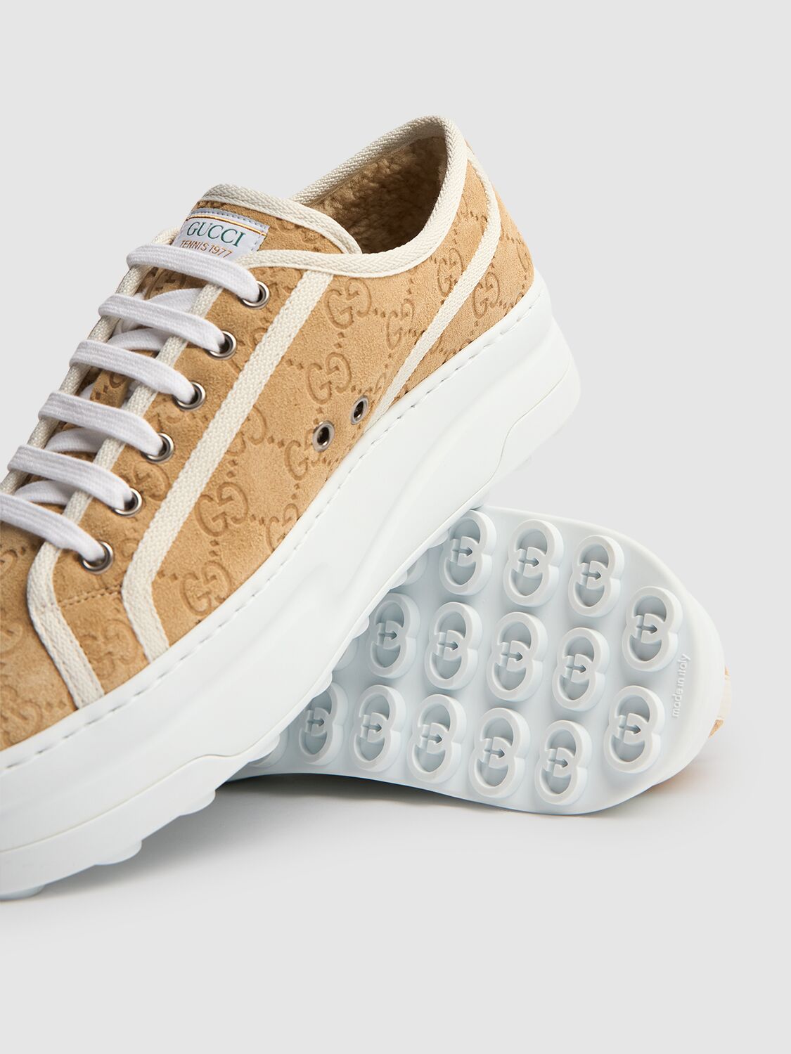 Shop Gucci 53mm  Tennis 1977 Suede Sneakers In Butter