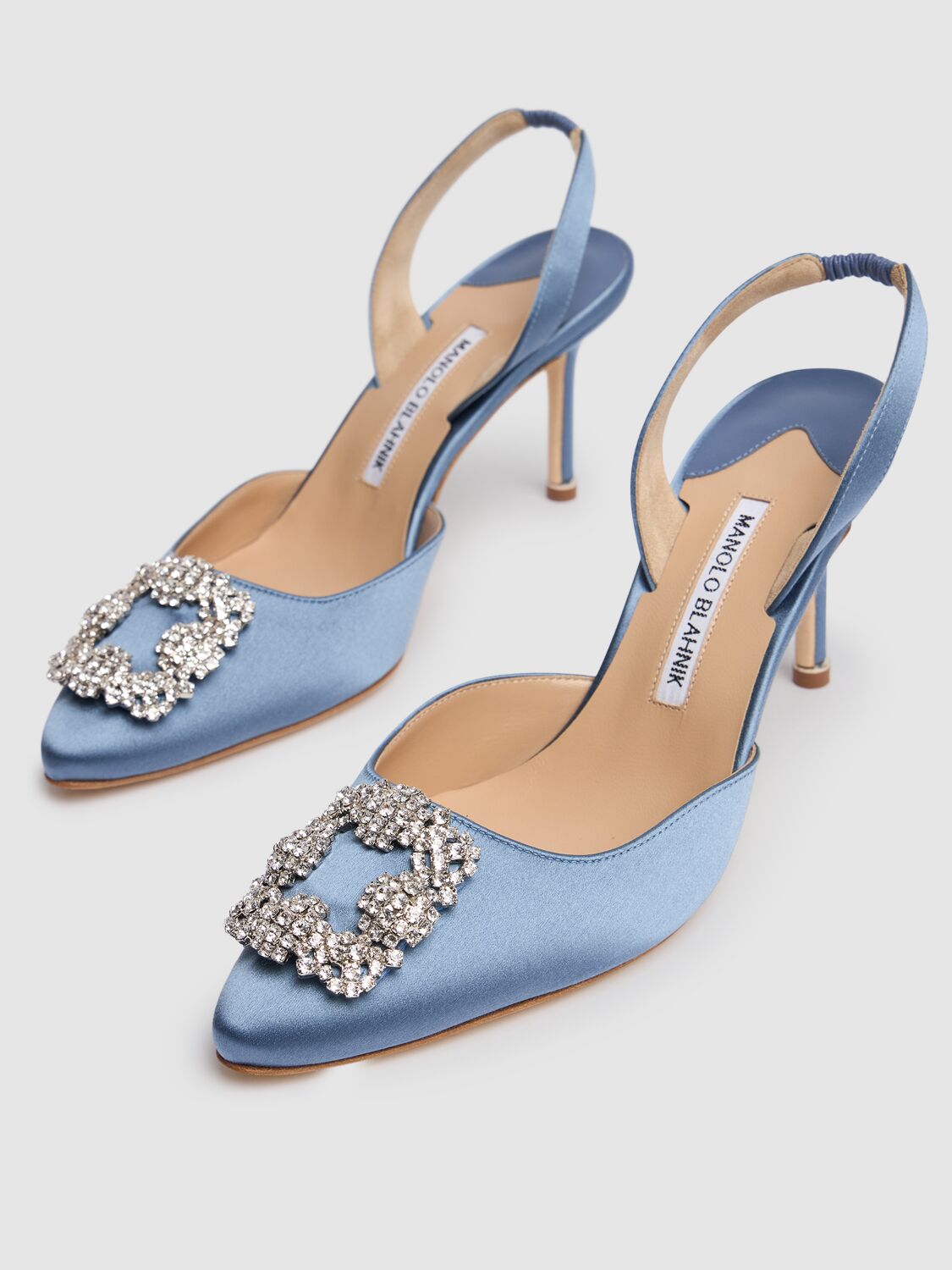 Shop Manolo Blahnik 70mm Hangisi Satin Slingback Pumps In Light Blue