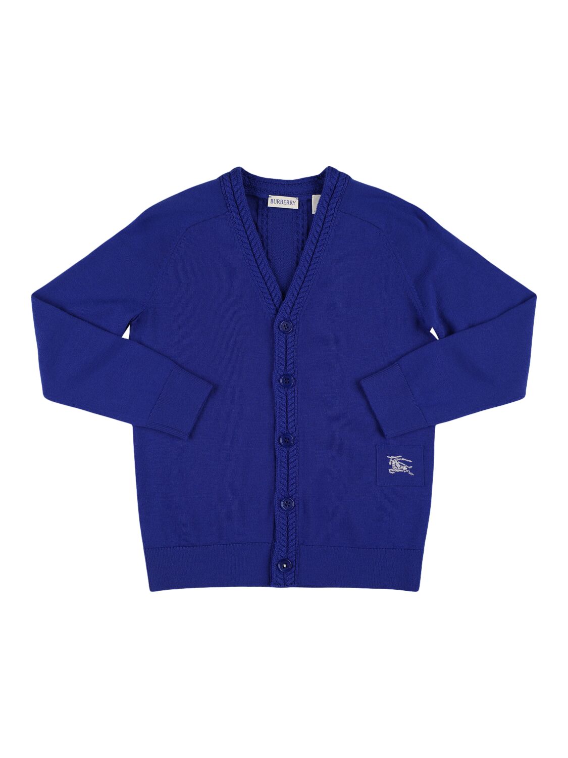 Burberry Embroidered Logo Wool Knit Cardigan In Blue