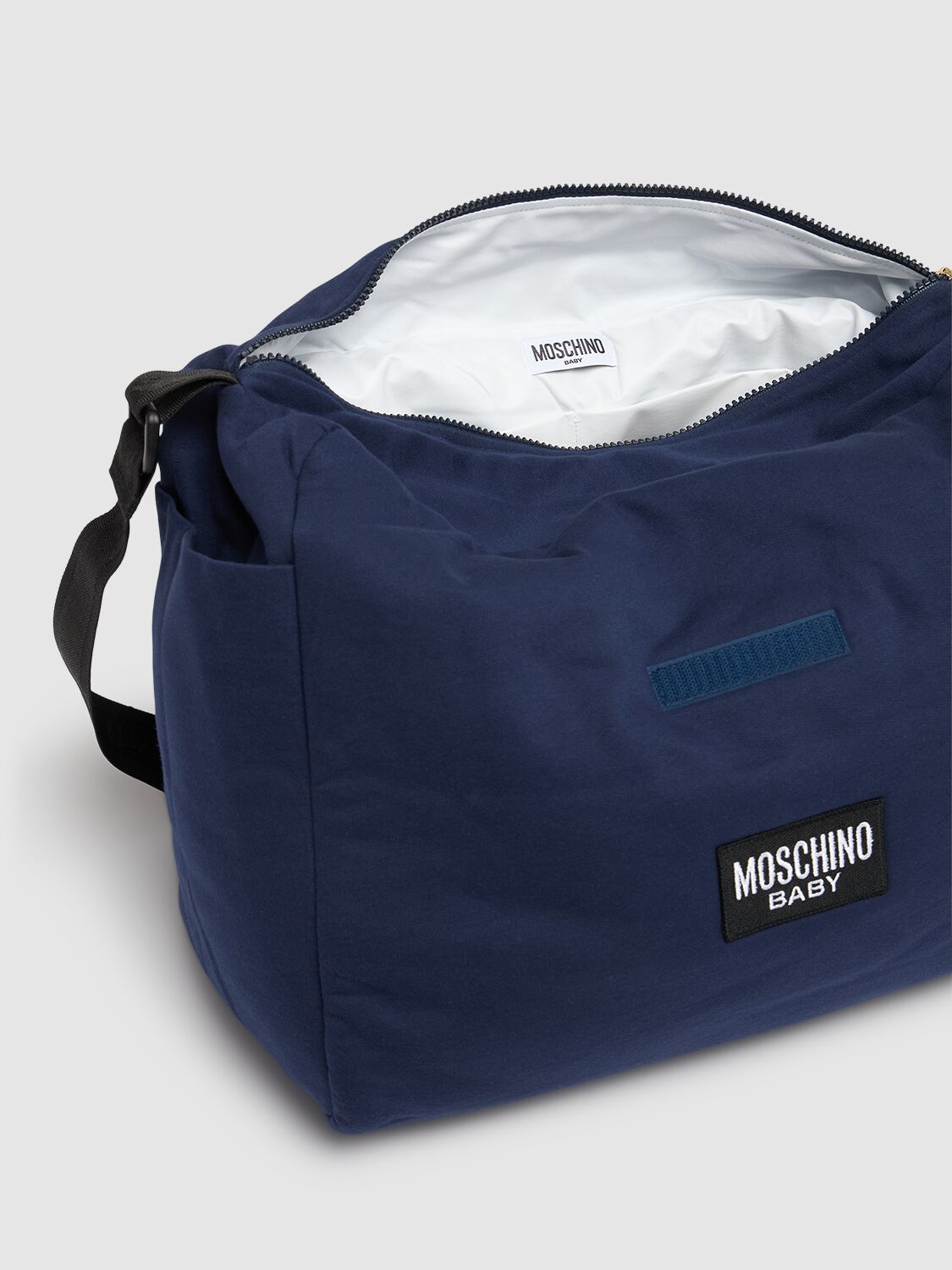 Shop Moschino Printed Cotton Changing Bag W/ Mat In Dark Blue