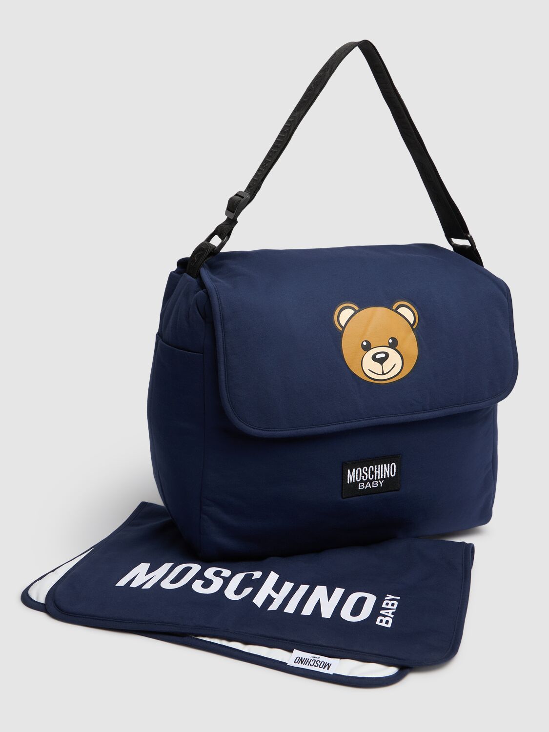 Shop Moschino Printed Cotton Changing Bag W/ Mat In Dark Blue