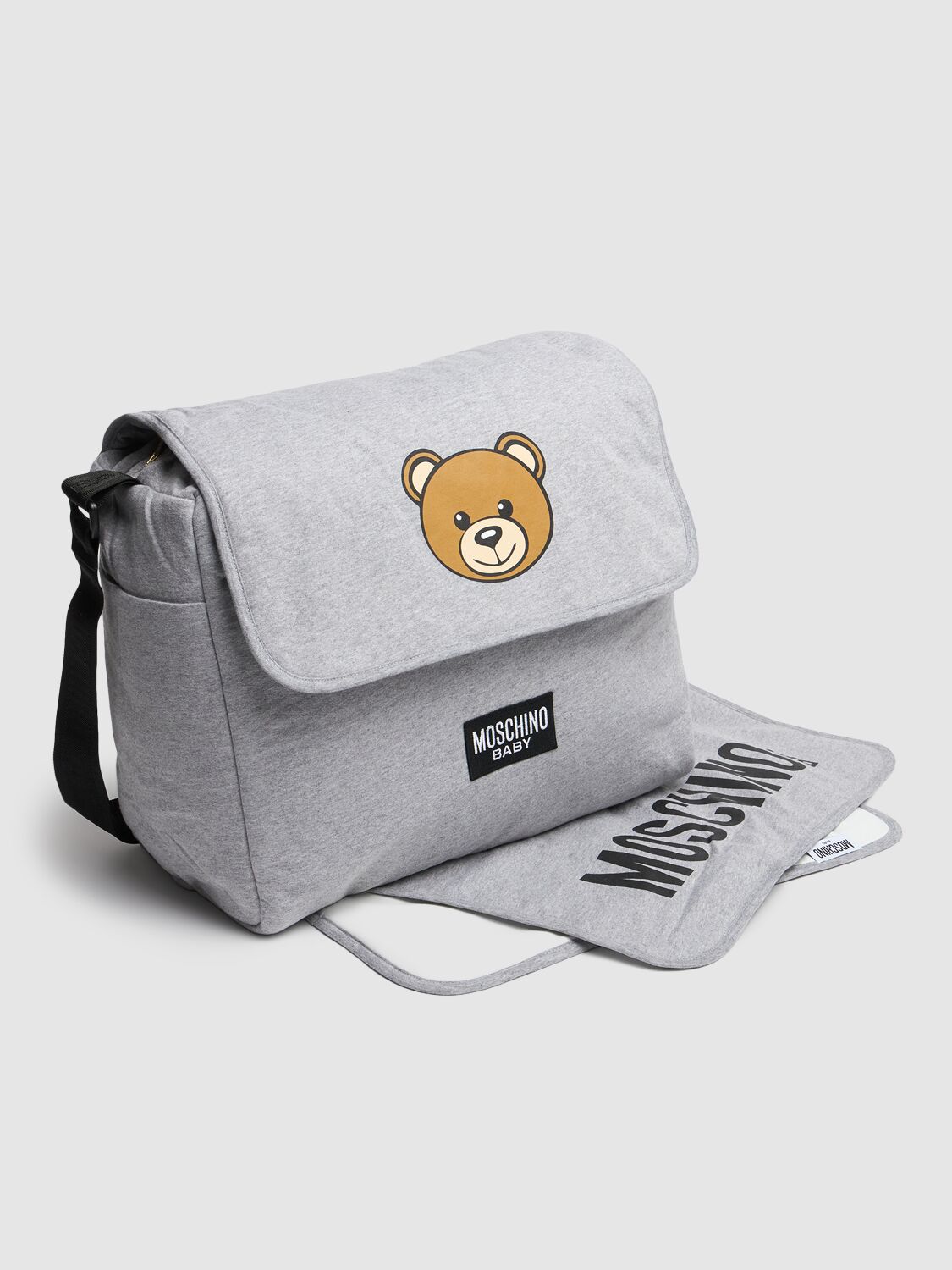 Moschino Printed Cotton Changing Bag W/ Mat In Grey