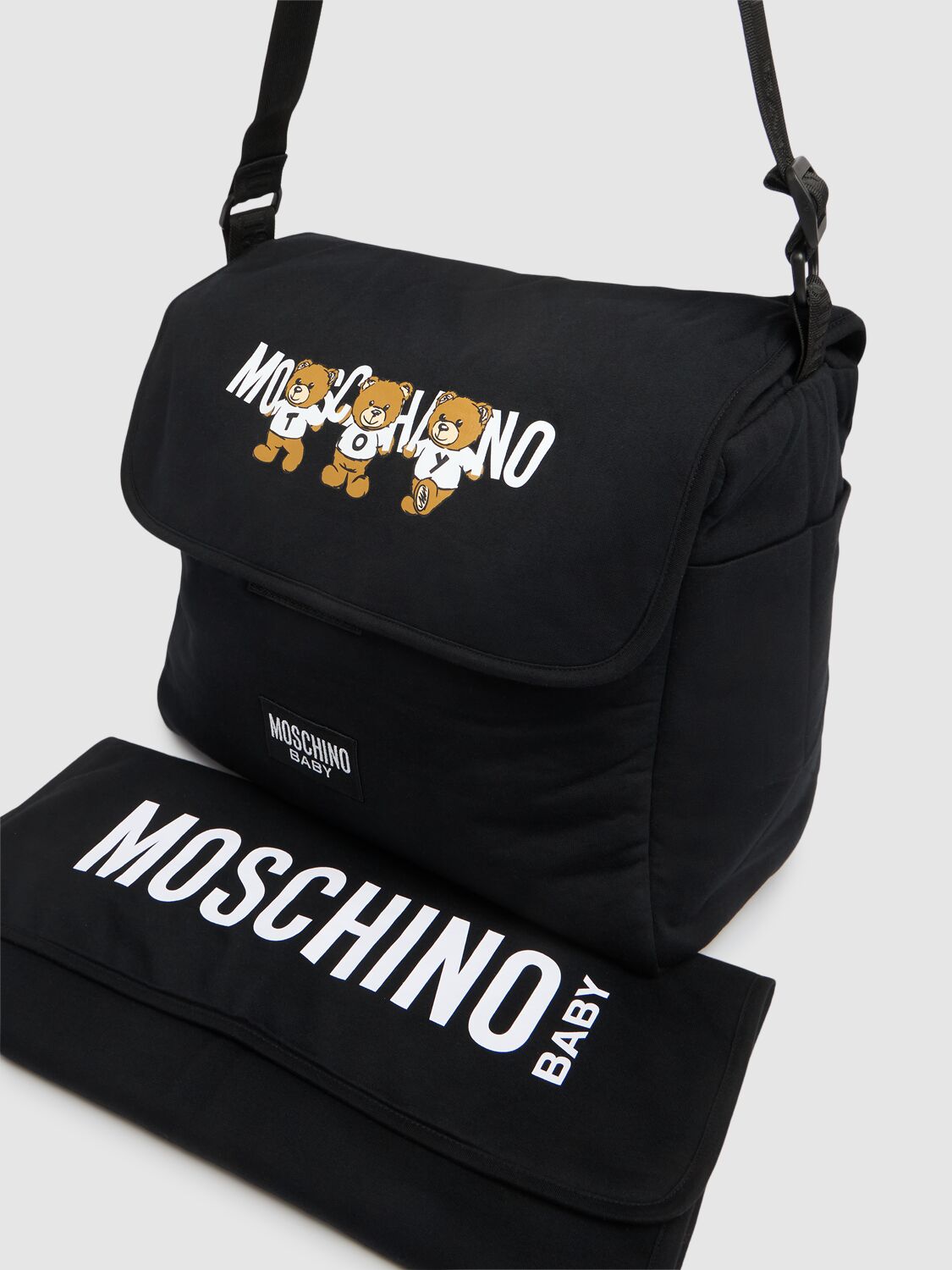 Shop Moschino Printed Cotton Changing Bag W/ Mat In Black