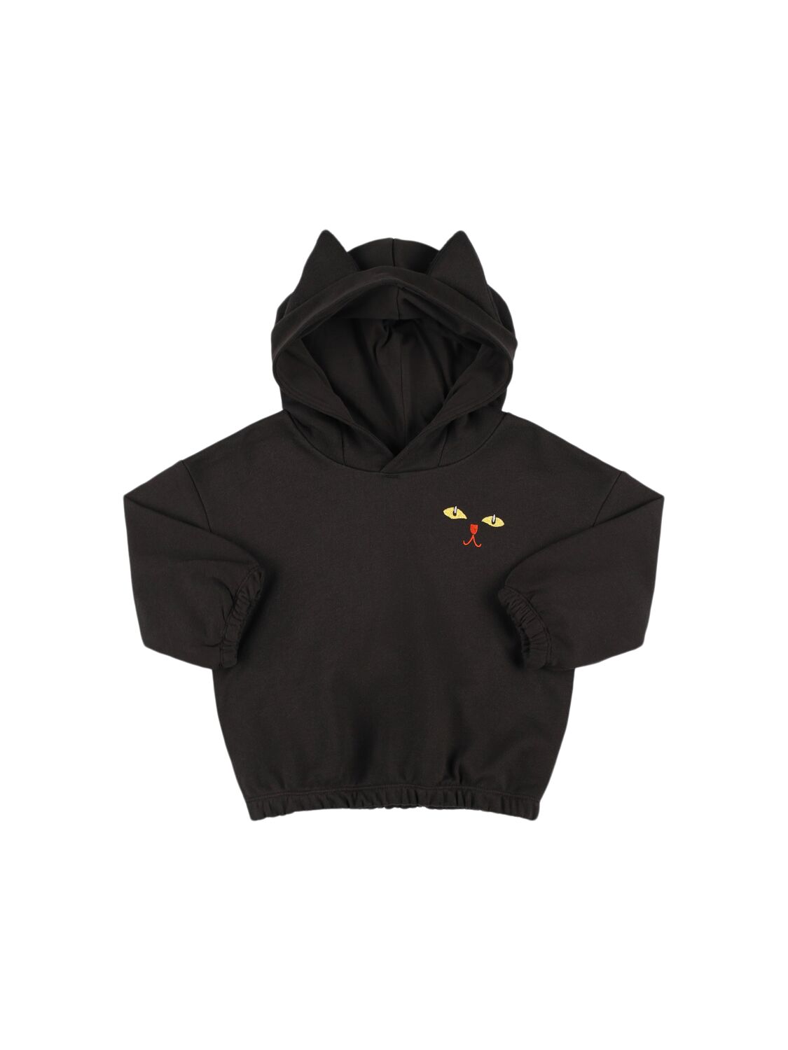 Mini Rodini Cat Printed Organic Cotton Hoodie W/ears In Black