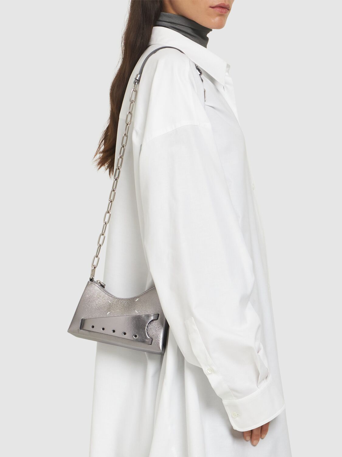 Maison Margiela Womens Metallic Grey Snatched Micro Hobo Leather Shoulder Bag In Metallic Grey