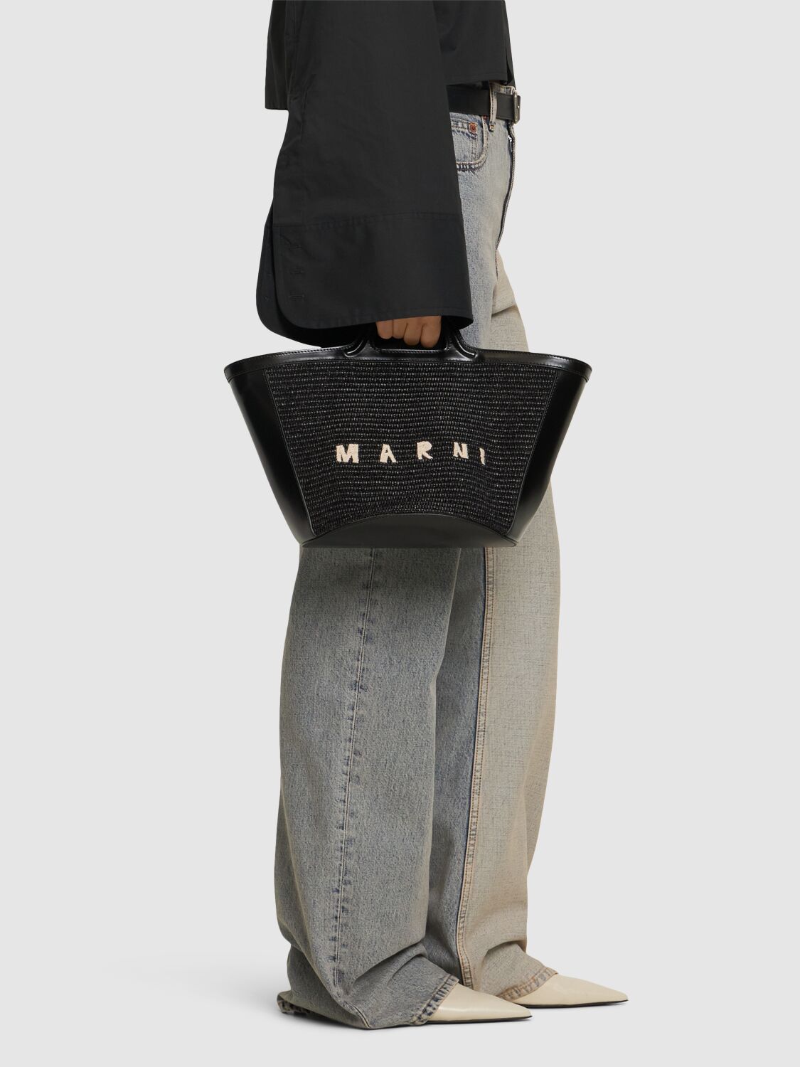 Shop Marni Small Tropicalia Raffia Effect Bag In Black