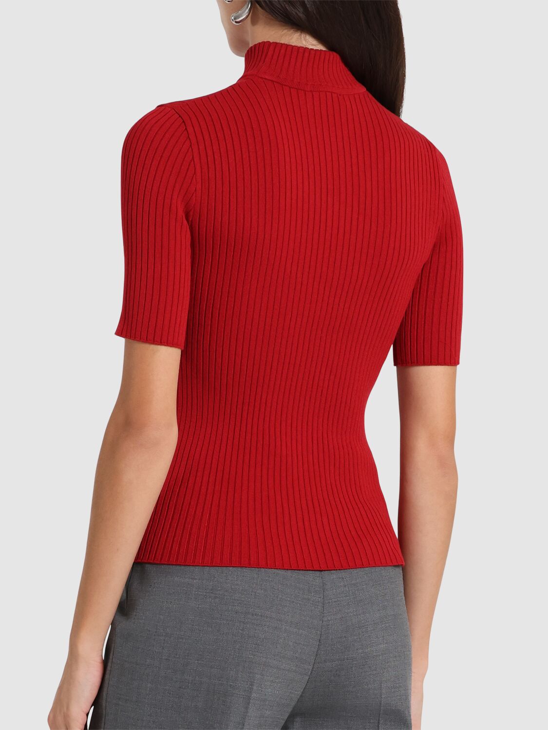 Courrèges Short Sleeve Ribbed Mock Neck Sweater In Red