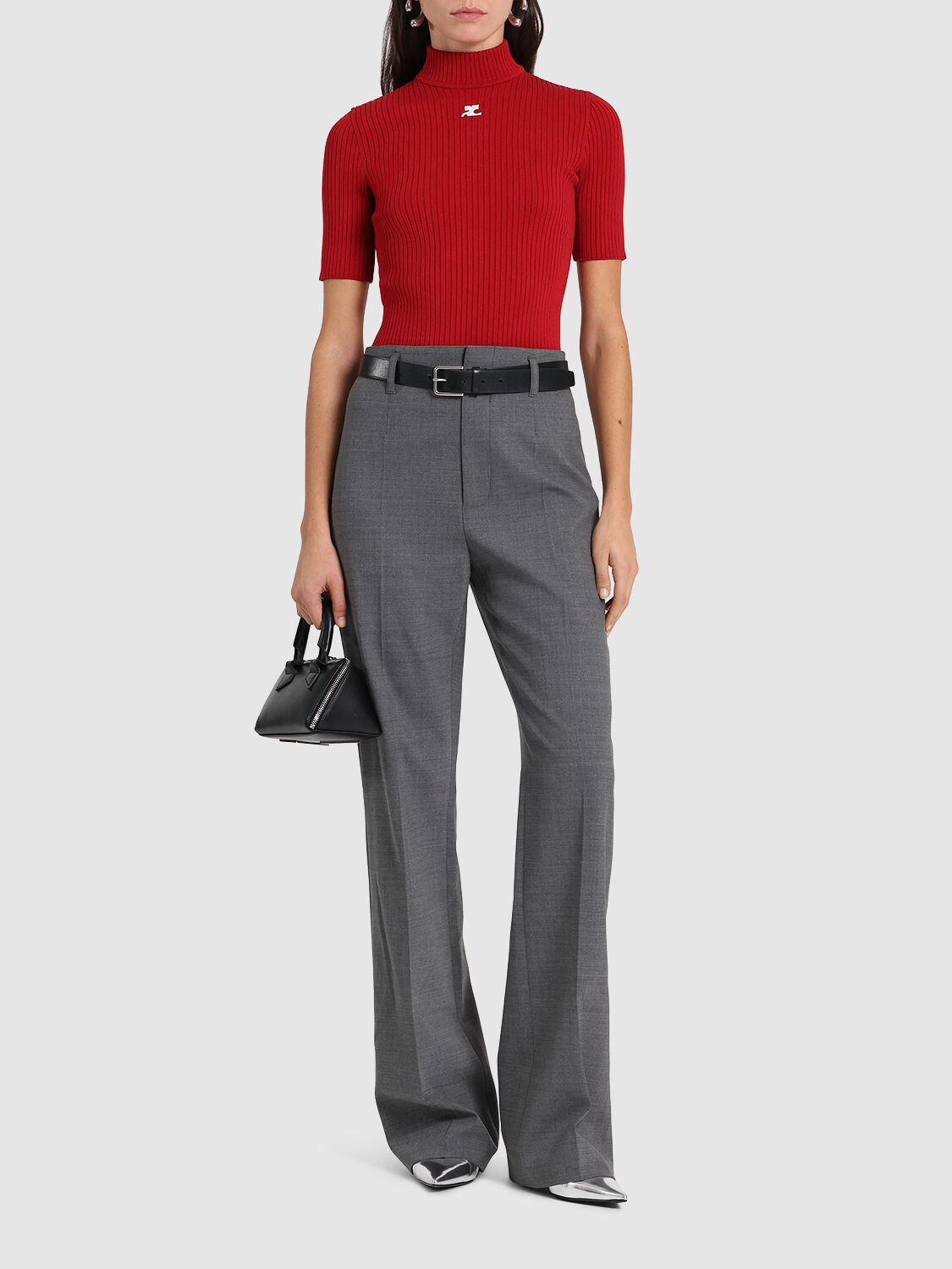 Courrèges Short Sleeve Ribbed Mock Neck Sweater In Red