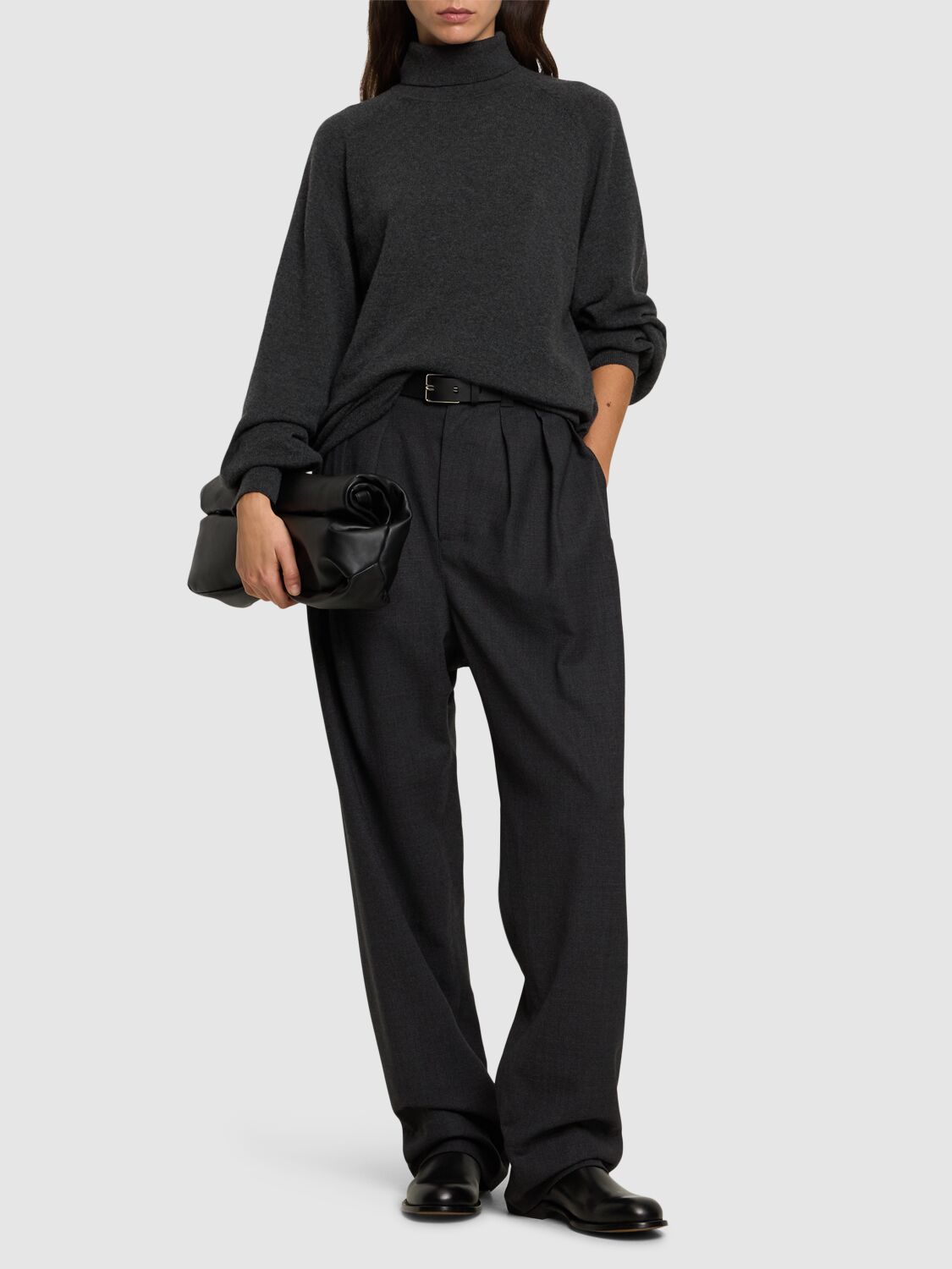 Lemaire Tailored Soft Wool Wide Leg Pants In Dark Melange