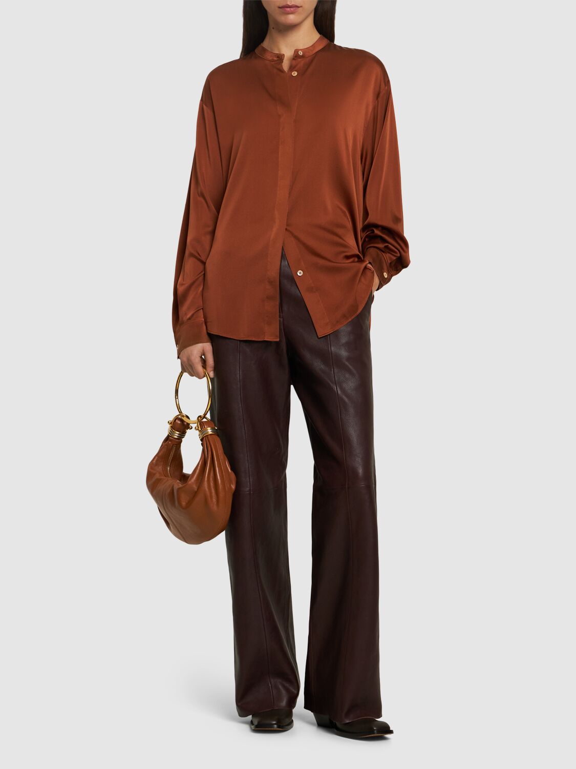 FORTE FORTE STRETCH SILK SATIN MANDARIN COLLAR SHIRT 