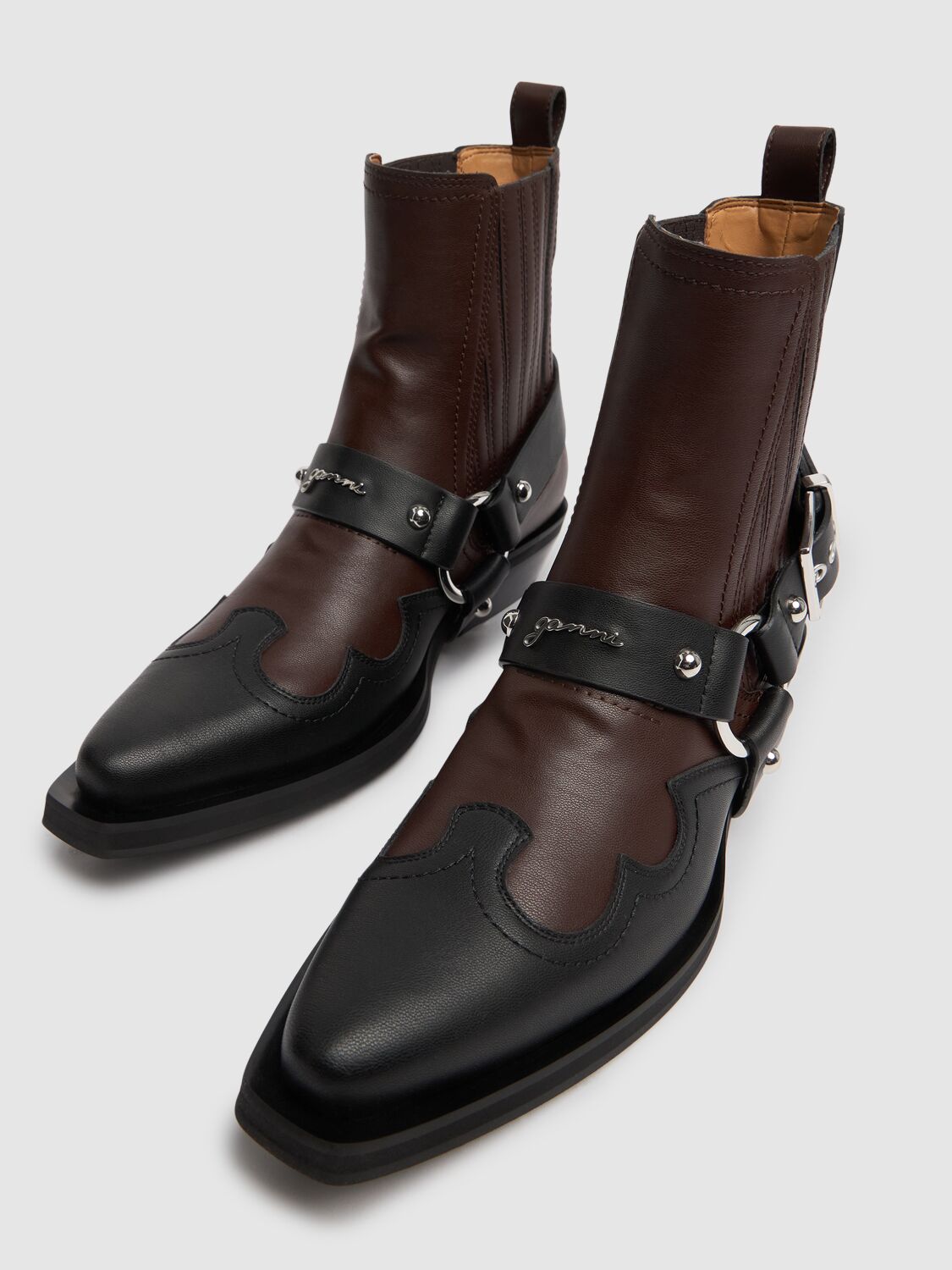 Ganni Chelsea Western Boots In Black/chocolate