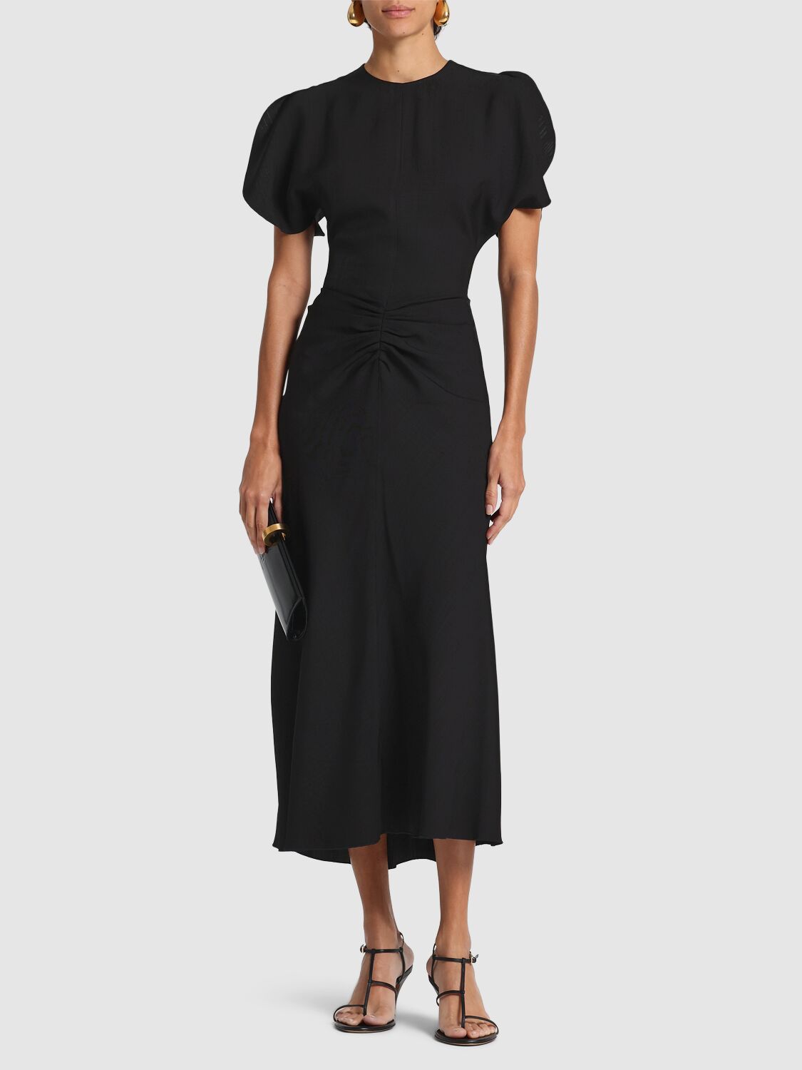 Victoria Beckham Gathered Waist Viscose Dress In Black