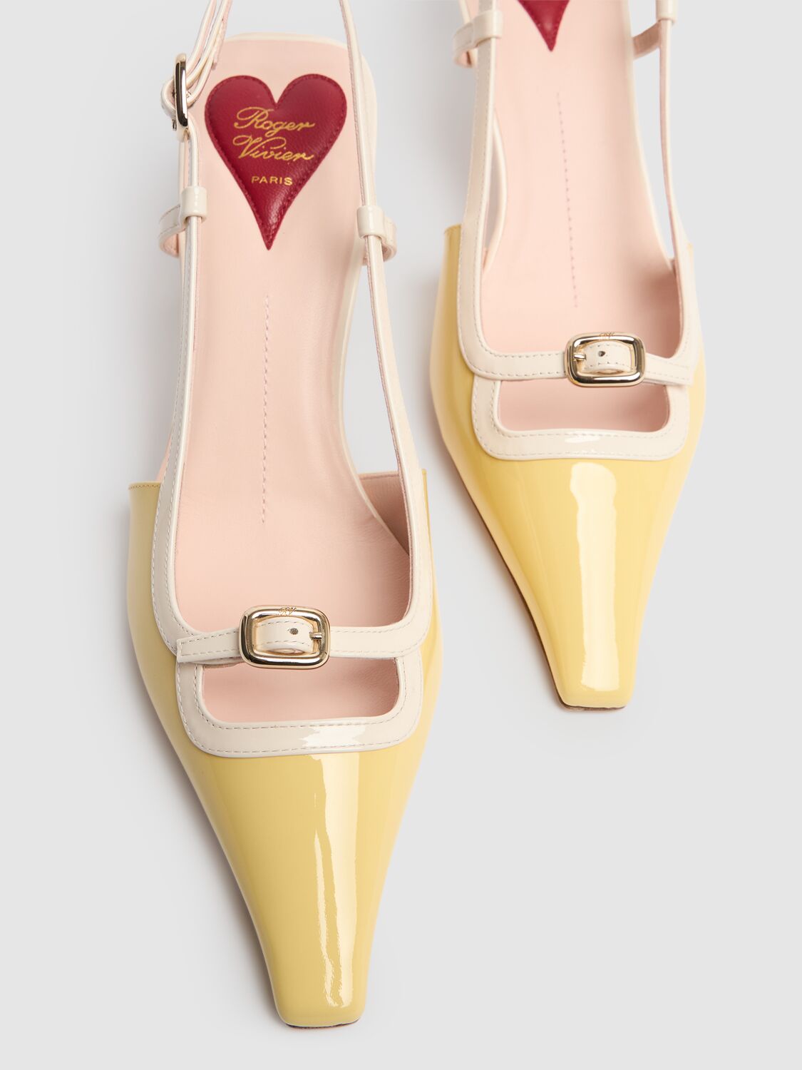 Roger Vivier 55mm Mini Buckle Patent Leather Pumps In Yellow,offwhite