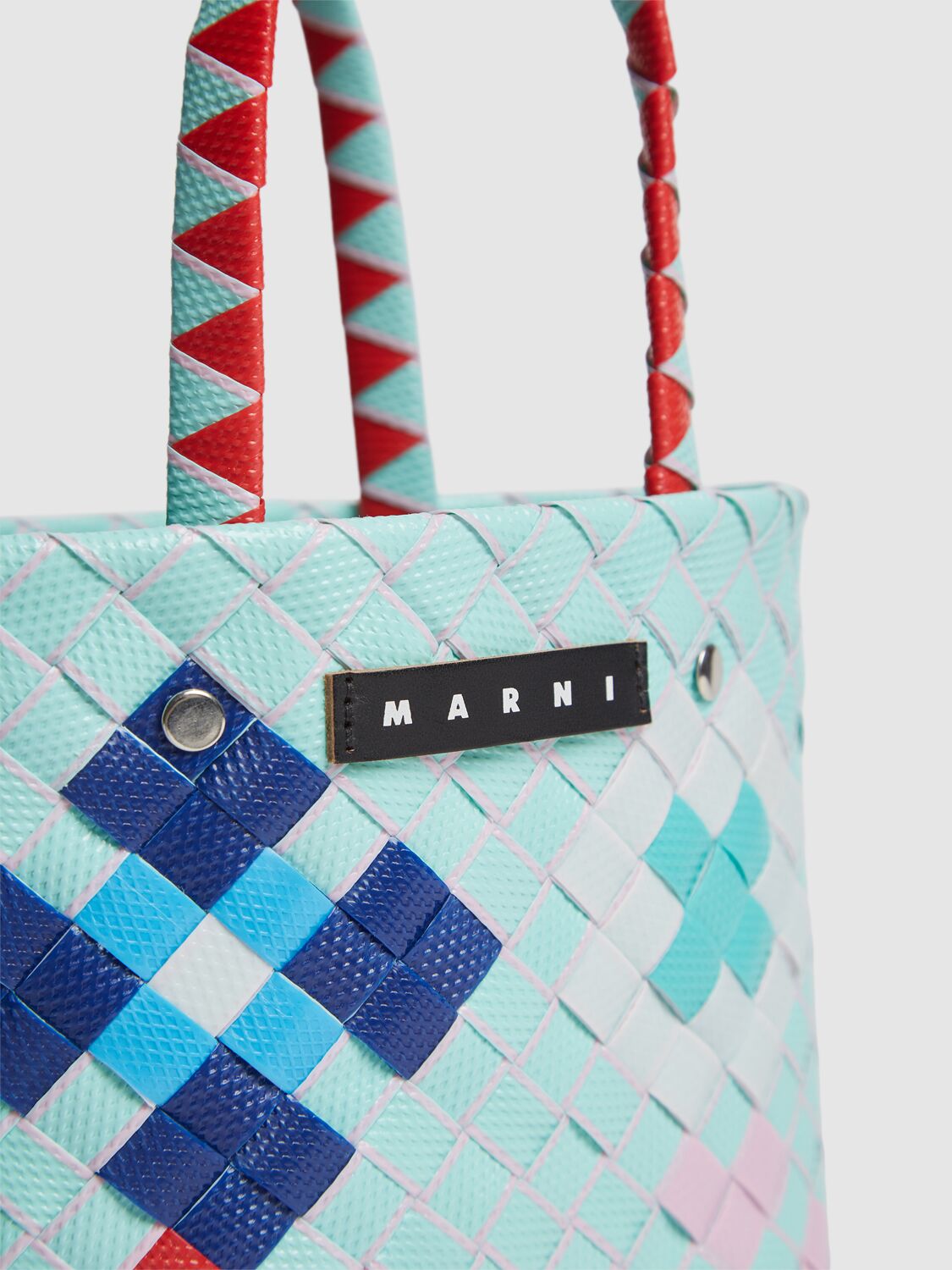 Marni Junior Color Block Woven Basket Bag W/ Logo In Lightblue/multi