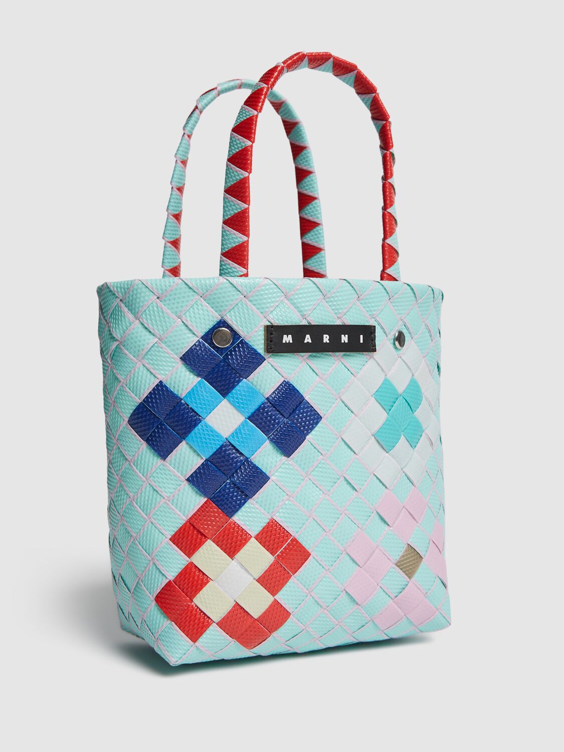Marni Junior Color Block Woven Basket Bag W/ Logo In Lightblue/multi