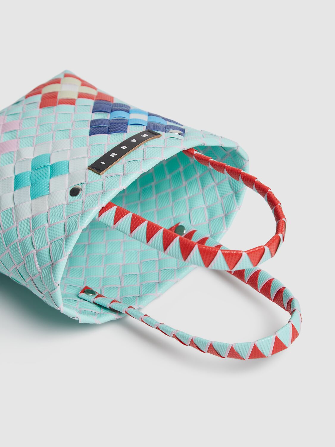Marni Junior Color Block Woven Basket Bag W/ Logo In Lightblue/multi