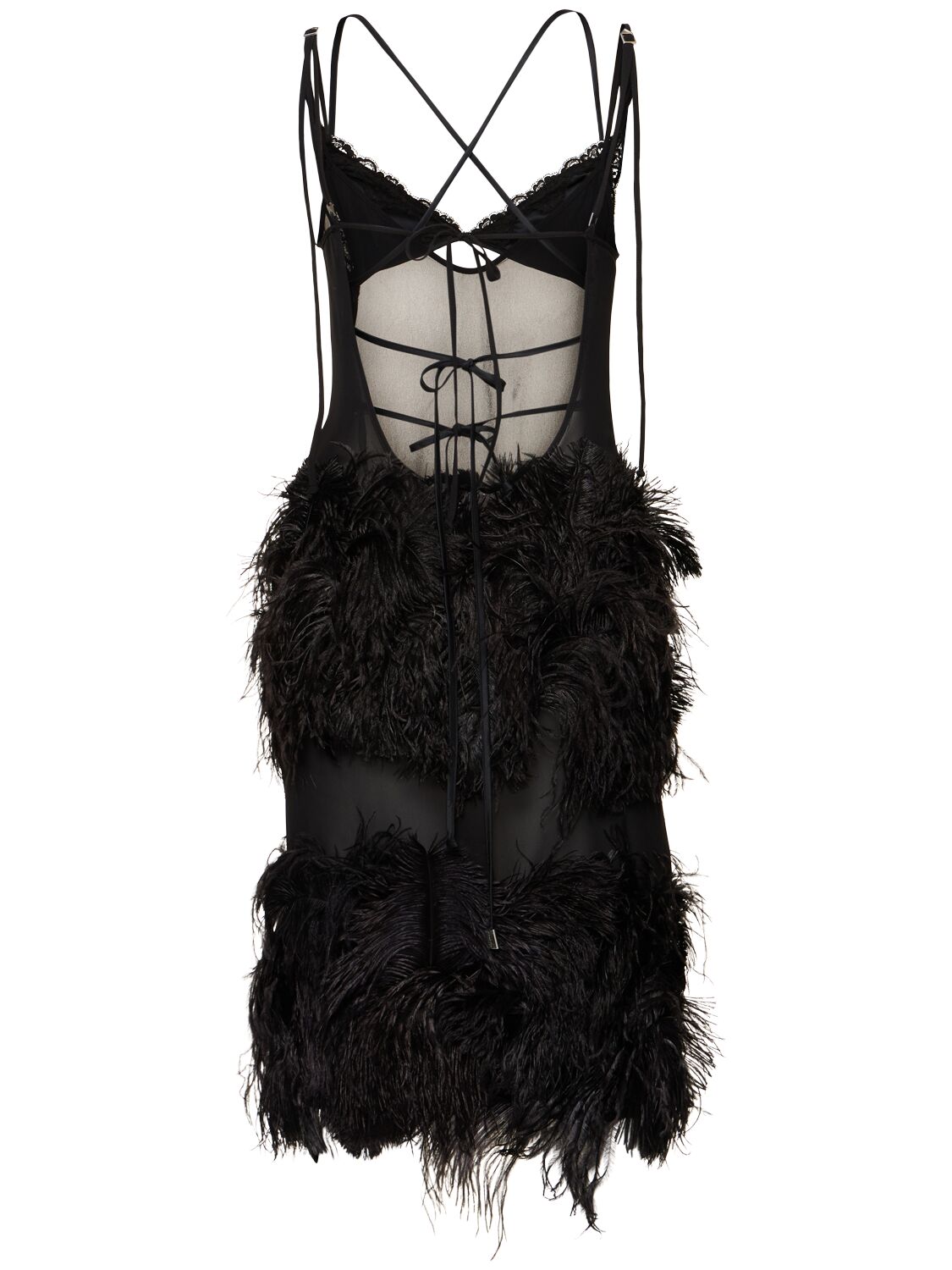 Shop Attico Embroidered Georgette Dress W/feathers In Black