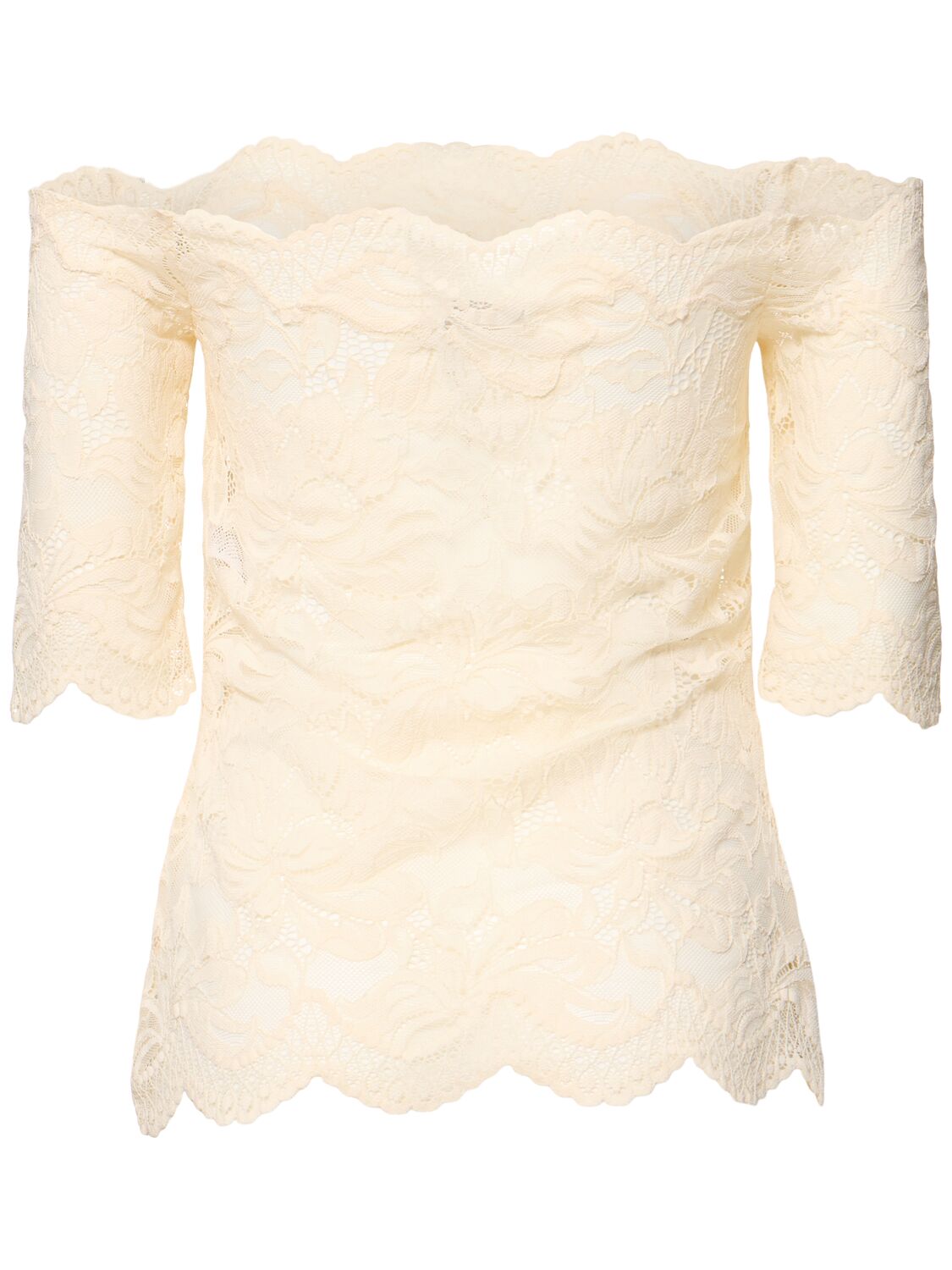 Rabanne Off-white Stretch Lace Short Sleeve Top In Ivory