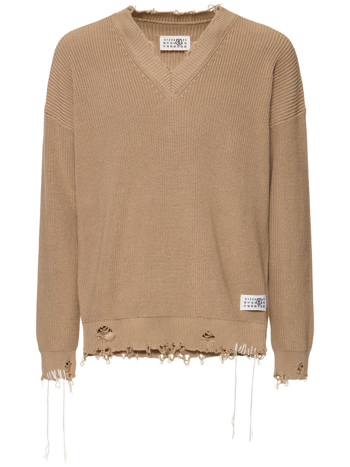 Distressed Cotton V-neck Sweater