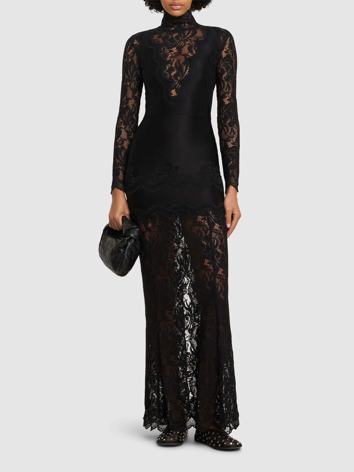 Rabanne Fitted Lace Dress With High Collar In Black